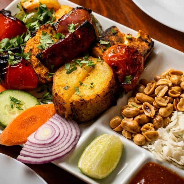 A white rectangular plate filled with grilled vegetables, peanuts, flattened rice, and a lime wedge.